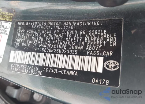 2005 Toyota Camry Le из США, поврежденный, VIN 4T1BE30K25U023935